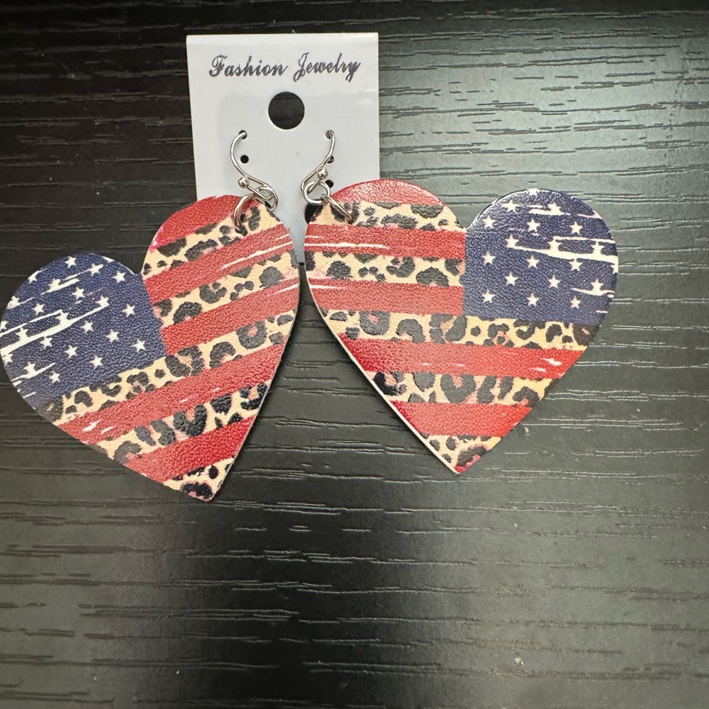 American flag print with animal print Heart Earrings AMERICANA patriotic USA NEW